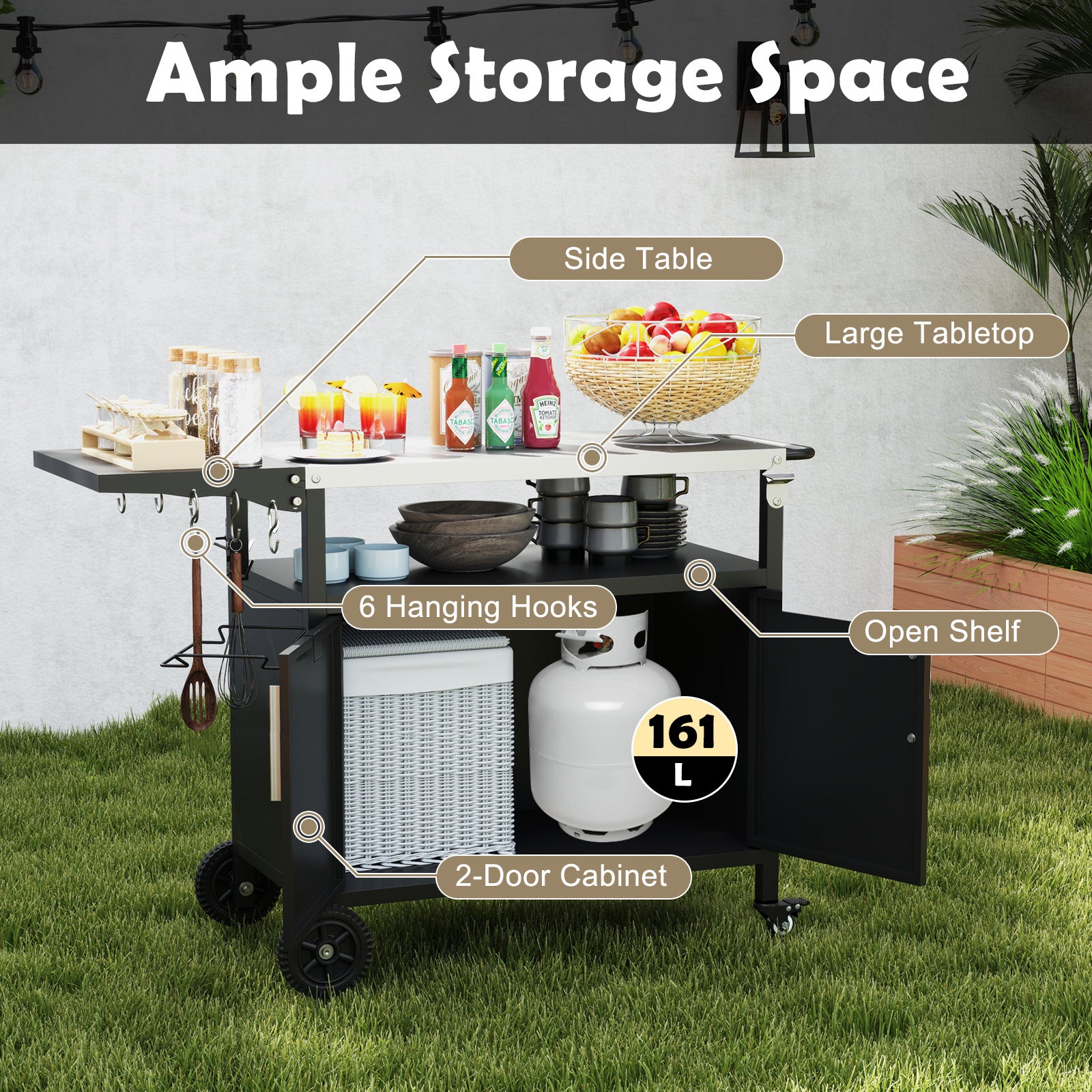 Grill Cart with Storage Outdoor Kitchen Island with Folding Stainless Steel Top-Black