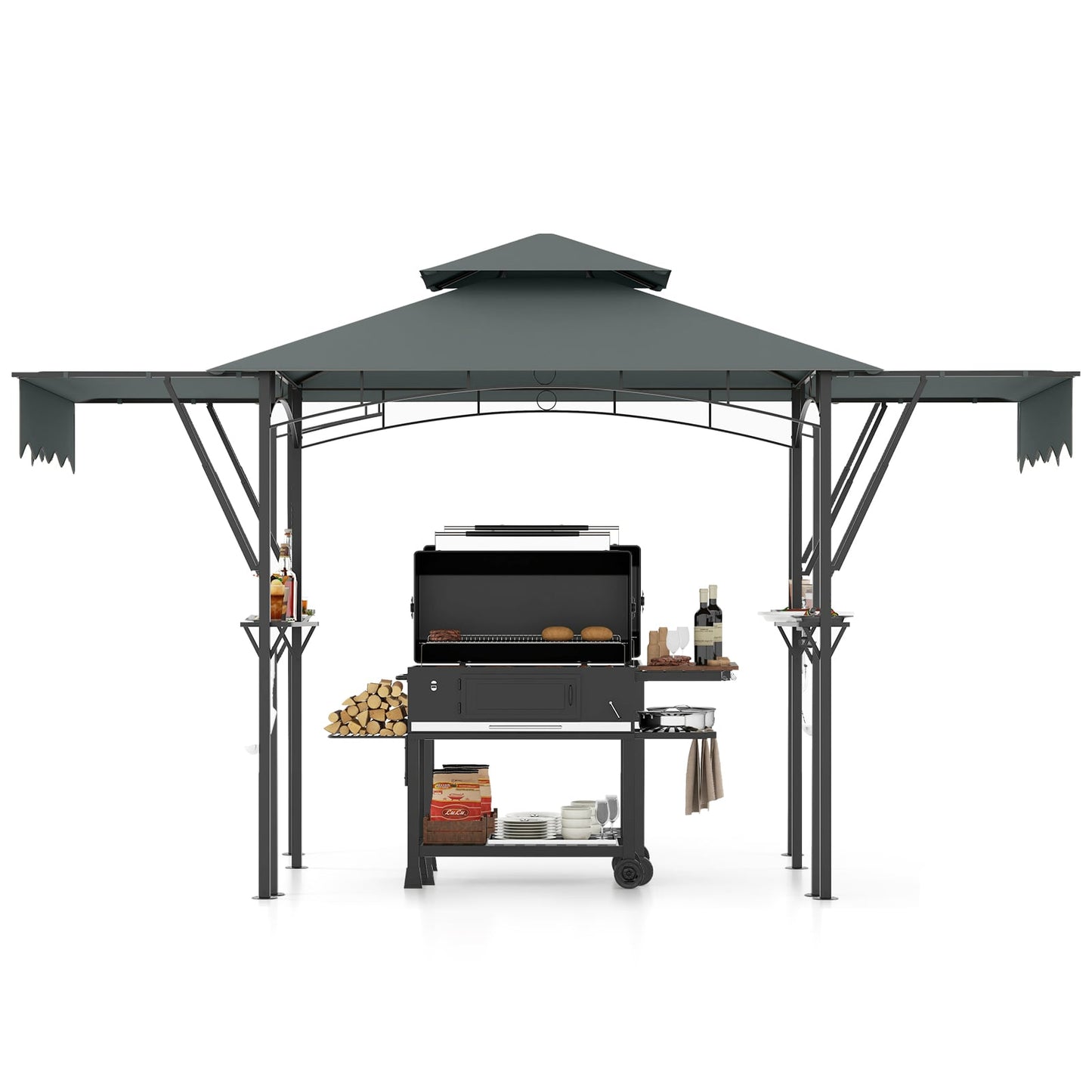 398 x 153 cm Grill Gazebo with Dual Side Awnings and Adjustable Shadow-Grey