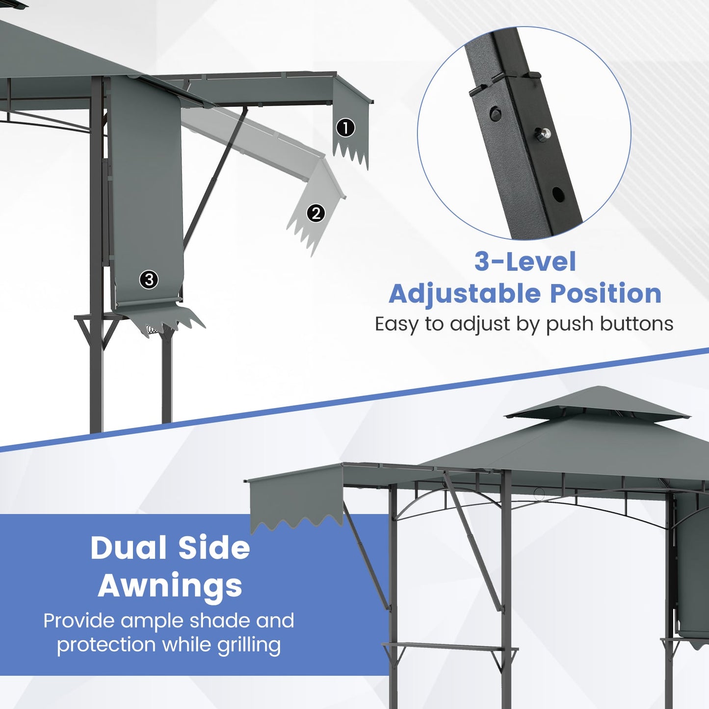 398 x 153 cm Grill Gazebo with Dual Side Awnings and Adjustable Shadow-Grey
