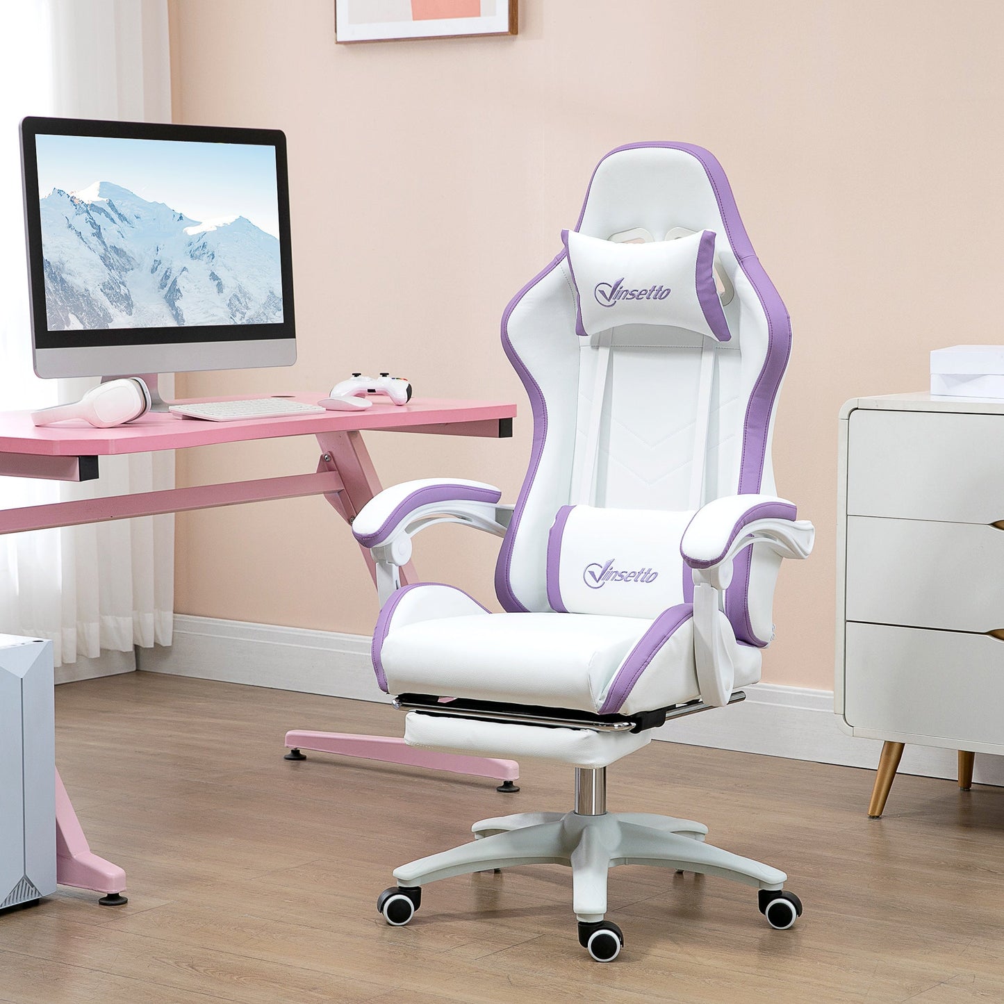 Vinsetto Computer Gaming Chair, PU Leather Desk Chair with Footrest, Swivel Task Chair with 135¡ Reclining Back and Lumbar Support, PC Chair for Adults, White and Purple