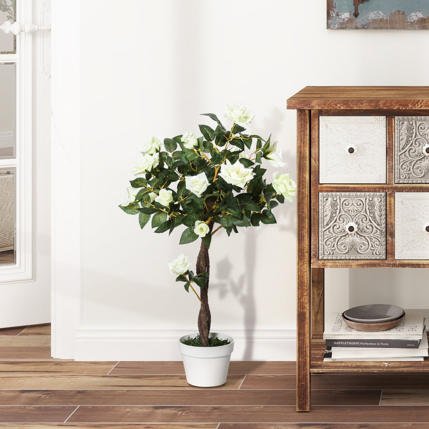 Outsunny Artificial Plants White Rose Floral in Pot, Fake Plants for Home Indoor Decor, 90cm