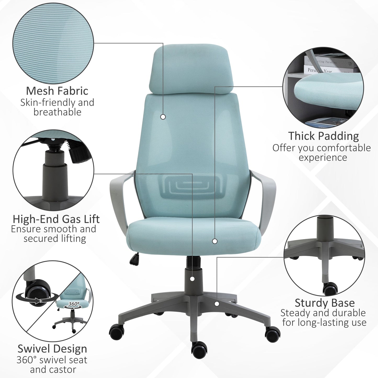 Vinsetto Ergonomic Office Chair w/ Wheel, High Mesh Back, Adjustable Height Home Office Chair - Blue