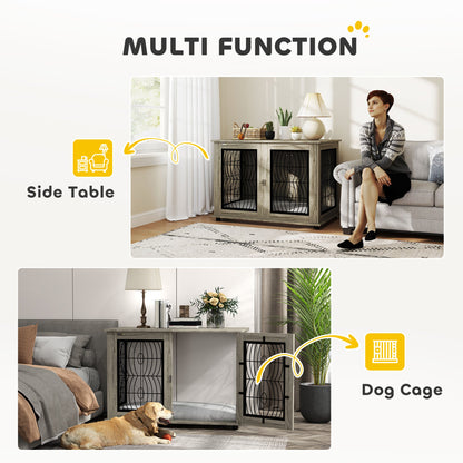 PawHut Dog Crate Furniture Table with Soft Washable Cushion and Lockable Door, for Large Indoor Dogs, Grey