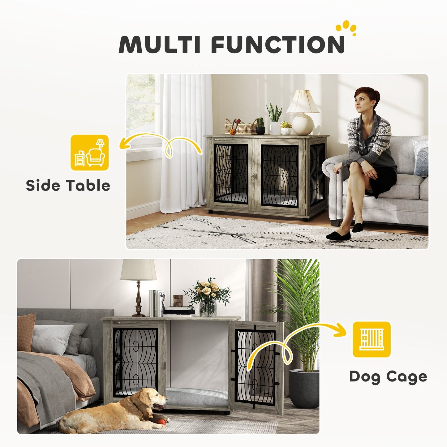 PawHut Dog Crate Furniture Table with Soft Washable Cushion and Lockable Door, for Large Indoor Dogs, Grey