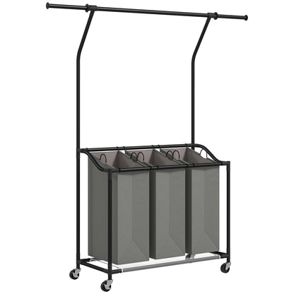 HOMCOM 3x 42L Laundry Basket Unit, with Hanging Rail - Black/Grey