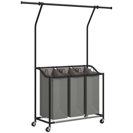 HOMCOM 3x 42L Laundry Basket Unit, with Hanging Rail - Black/Grey
