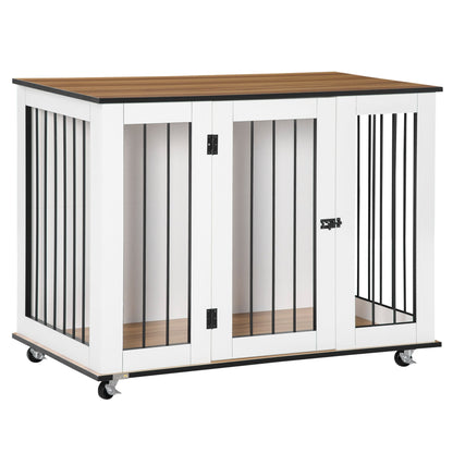 PawHut Dog Crate Furniture, Dog Cage End Table, with Wheels, for Large Dogs, 106 x 60 x 82 cm - White
