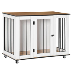 PawHut Dog Crate Furniture, Dog Cage End Table, with Wheels, for Large Dogs, 106 x 60 x 82 cm - White