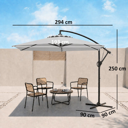 Outsunny 3(m) Cantilever Overhanging Parasol, with Cross Base - Light Grey