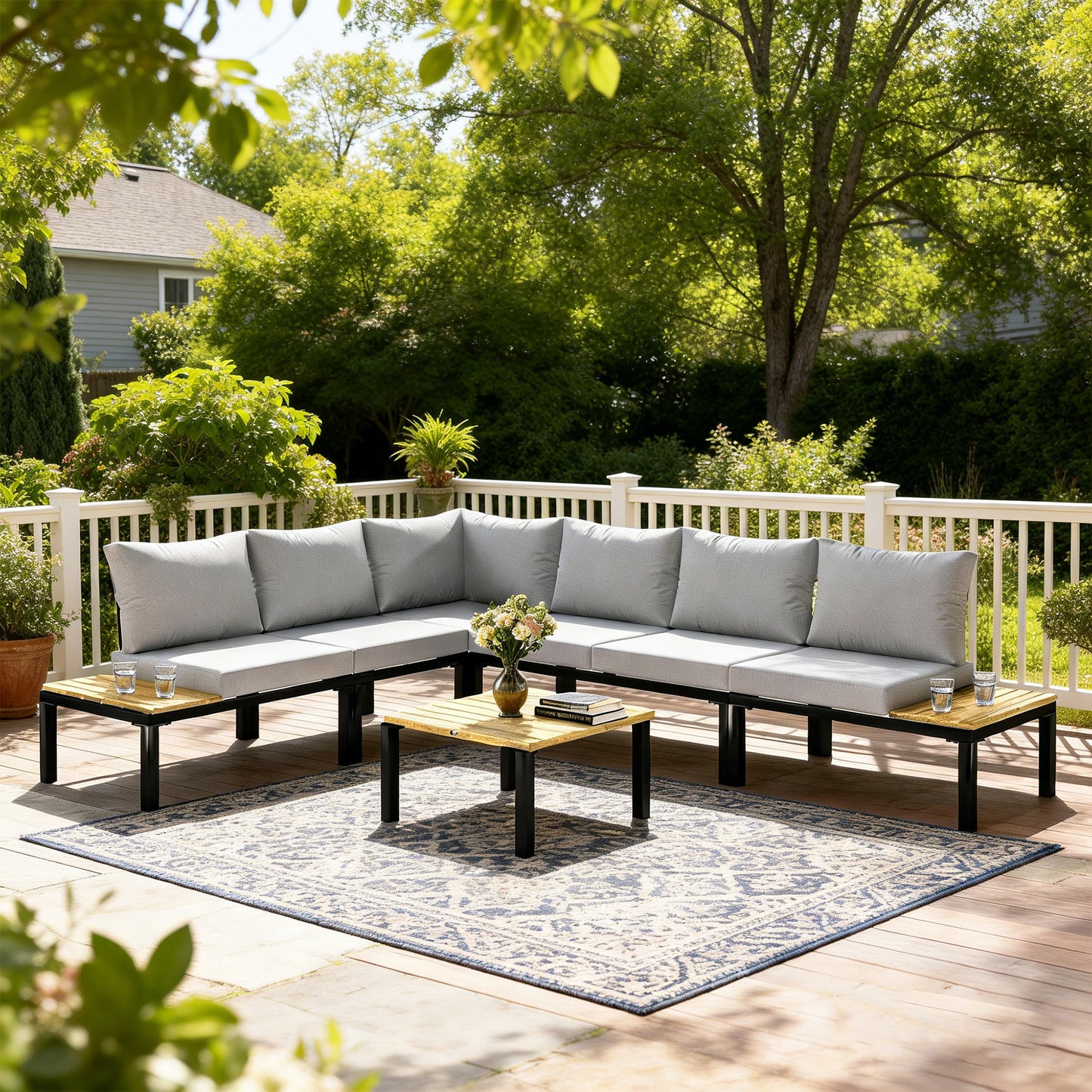 Outsunny Garden Furniture Set, 6 Piece Corner Sofa Set with Loveseat, Coffee Table, Sofa with Integrated Side Table