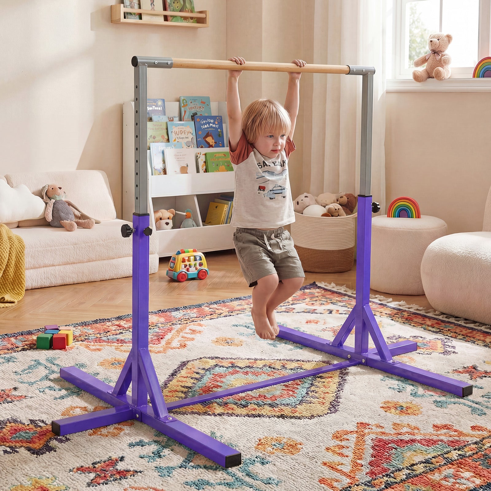 Gymnastics Bar Adjustable Horizontal Kip Bar with 85-145 CM 12-Level Height-Purple