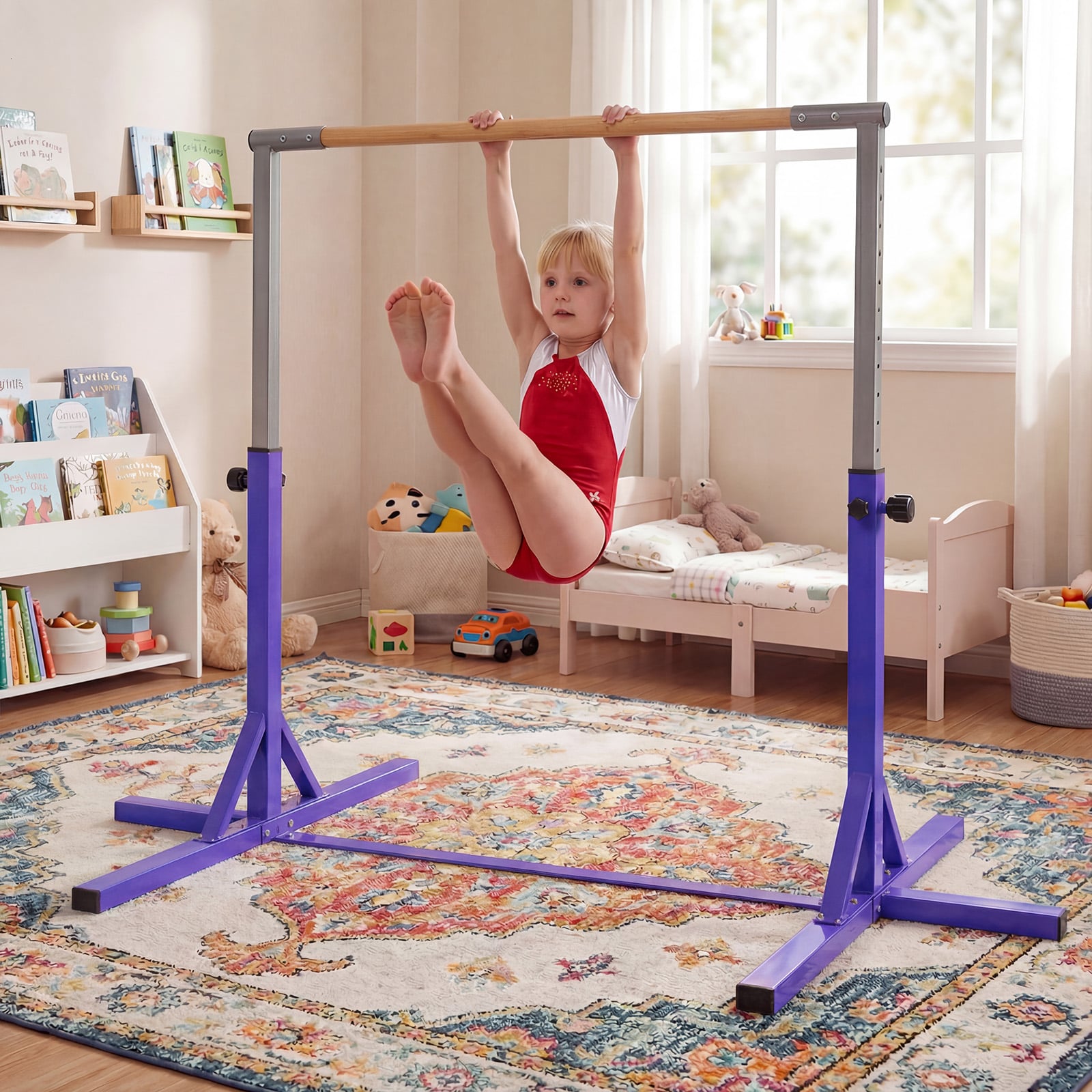 Gymnastics Bar Adjustable Horizontal Kip Bar with 85-145 CM 12-Level Height-Purple