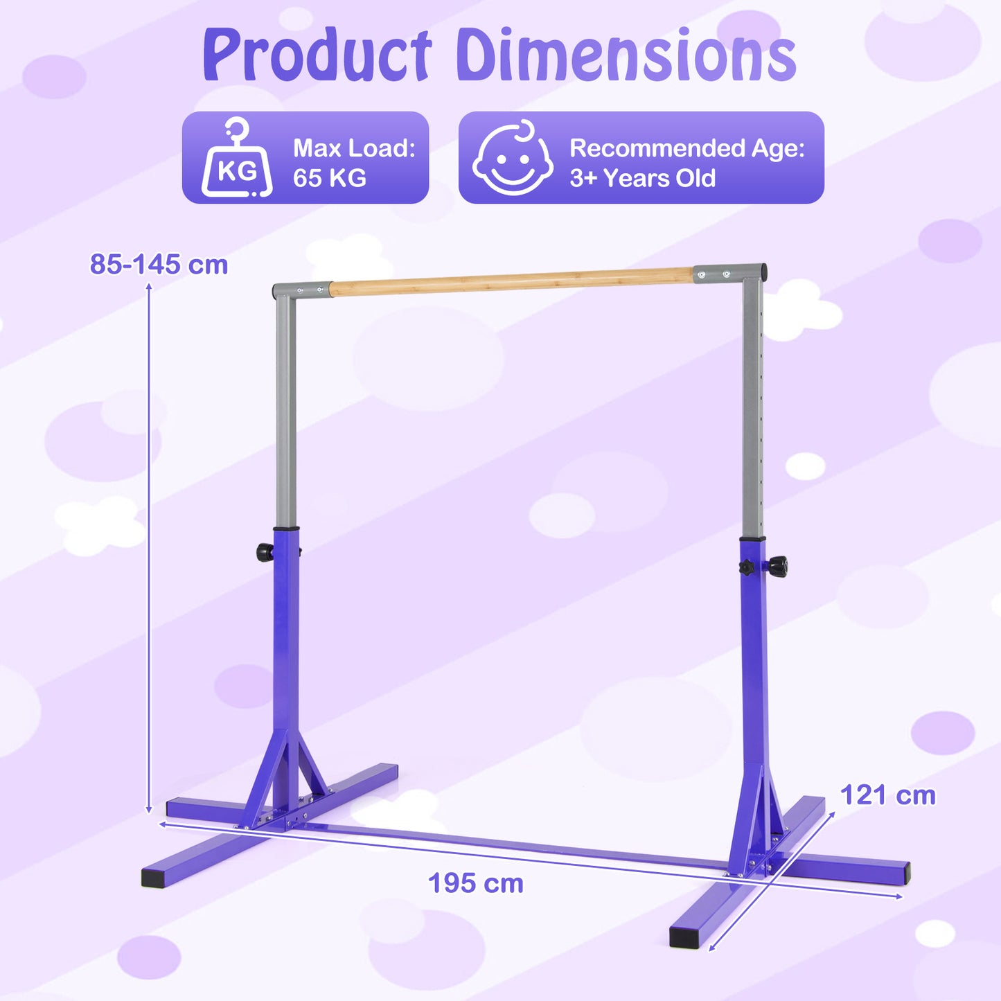 Gymnastics Bar Adjustable Horizontal Kip Bar with 85-145 CM 12-Level Height-Purple