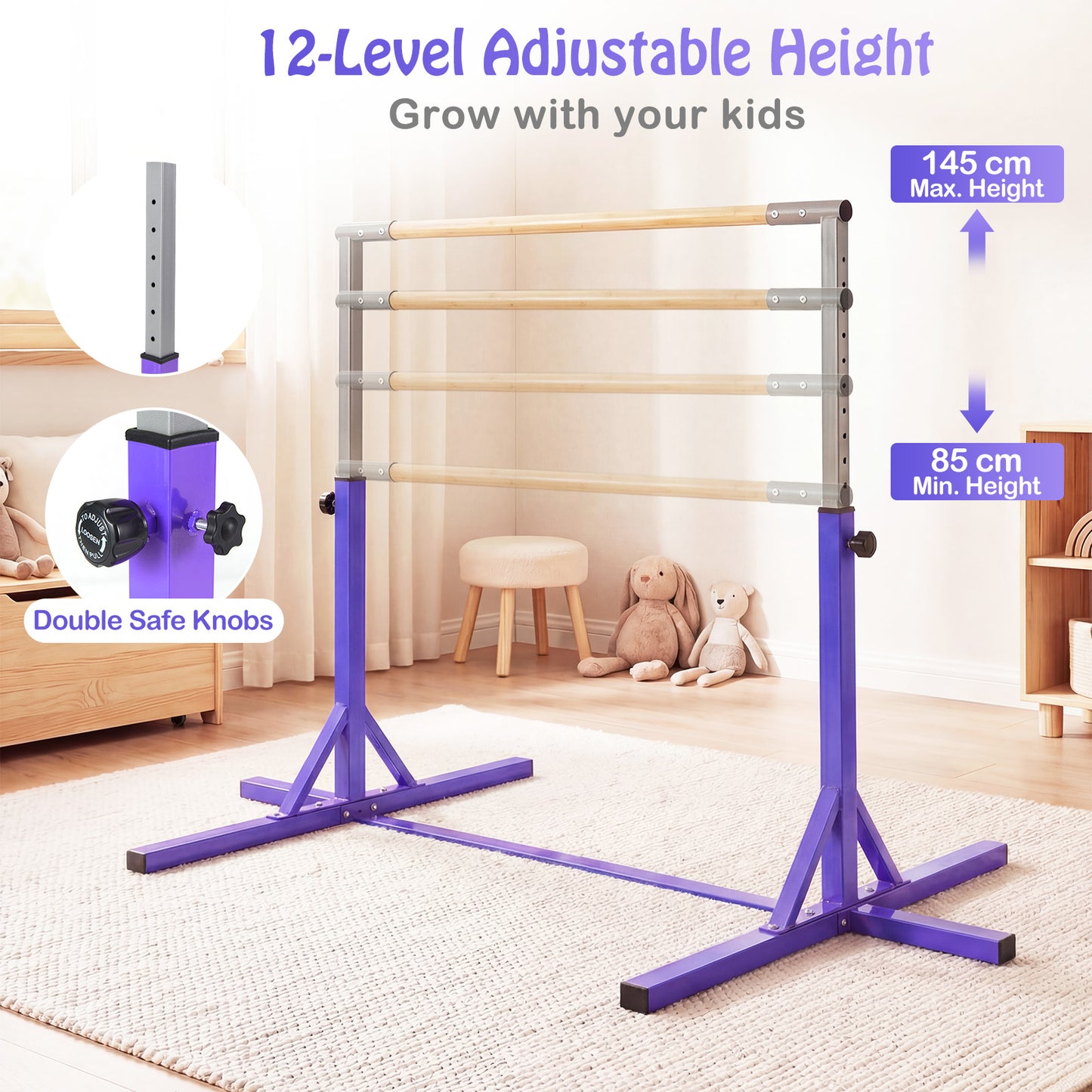 Gymnastics Bar Adjustable Horizontal Kip Bar with 85-145 CM 12-Level Height-Purple