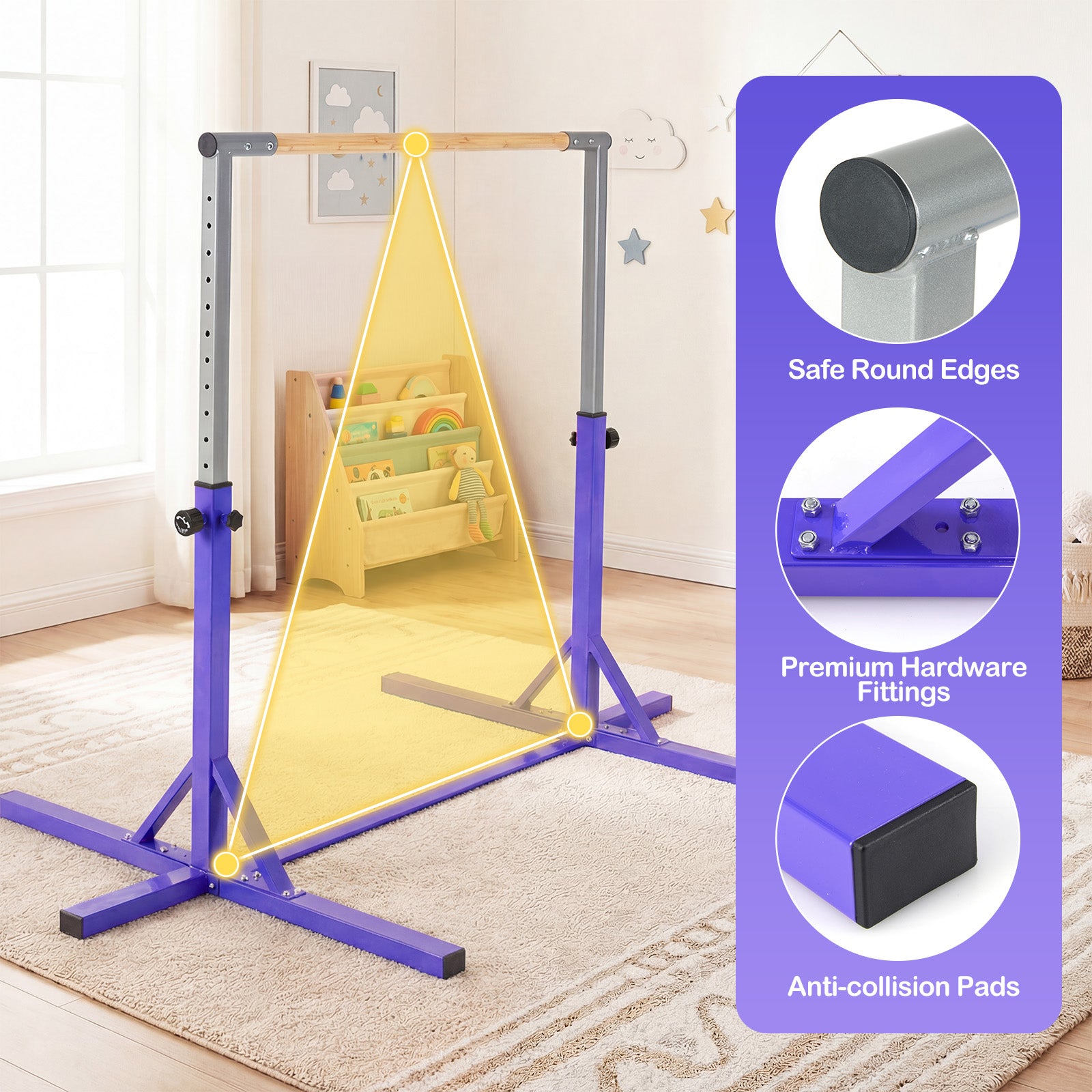 Gymnastics Bar Adjustable Horizontal Kip Bar with 85-145 CM 12-Level Height-Purple