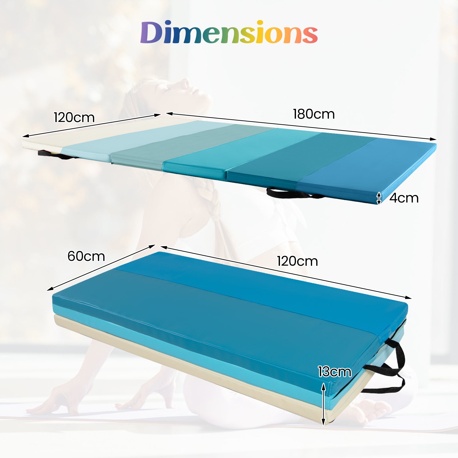 Gymnastics Mat Tri-Fold Thick Tumbling Mat with Hook and Loop Fasteners-Blue