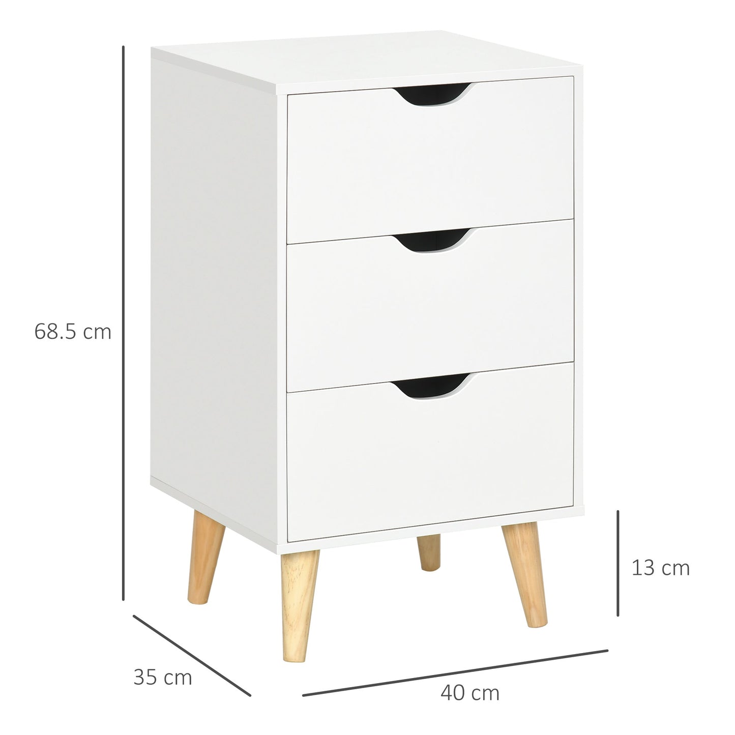 HOMCOM Bedside Table, Bedside Cabinet with 3 Drawers, Side End Table with Pine Wood Legs for Bedroom Living Room, White