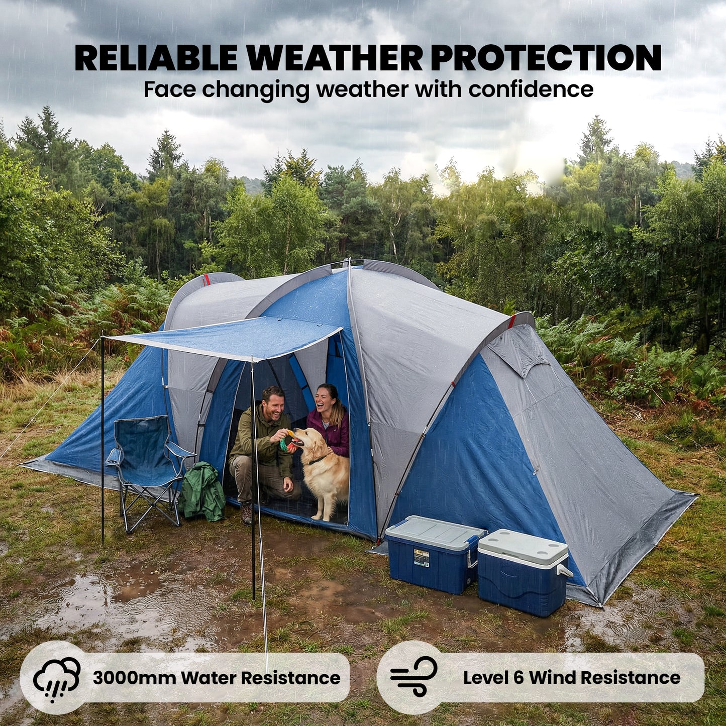 Outsunny Family Camping Tent 3000mm Waterproof Windproof Tunnel Tent 8-12 Person, Navy Blue & Light Grey