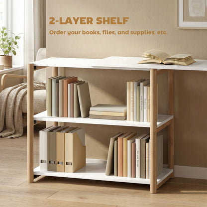 HOMCOM Computer Desk with Storage Shelves Modern Writing Desk Bamboo Frame for Home Office 150 cm White and Oak