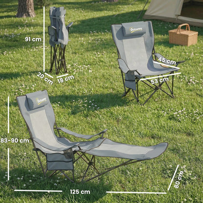 Outsunny Camping Chair Reclining Portable Camp Chair with Detachable Footrest Cup Holder Grey