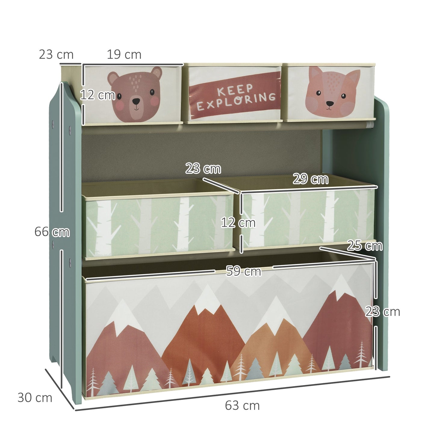 ZONEKIZ Kids Storage Units with 6 Fabric Bins, Childrens Toy Storage Organiser for Bedroom, Nursery, 63 x 30 x 66cm, Green