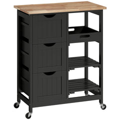 HOMCOM Rolling Kitchen Island Cart, Bar Serving Cart, Compact Trolley on Wheels with Wood Top, Shelves & Drawers for Home Dining Area, Black
