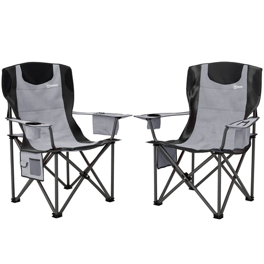 Outsunny Set of 2 Folding Camping Chairs, Padded Camping Chairs with Adjustable Armrests, Portable & Lightweight Folding Camp Chair with Cooler Bag, Cup Holder and Side Pockets, Grey