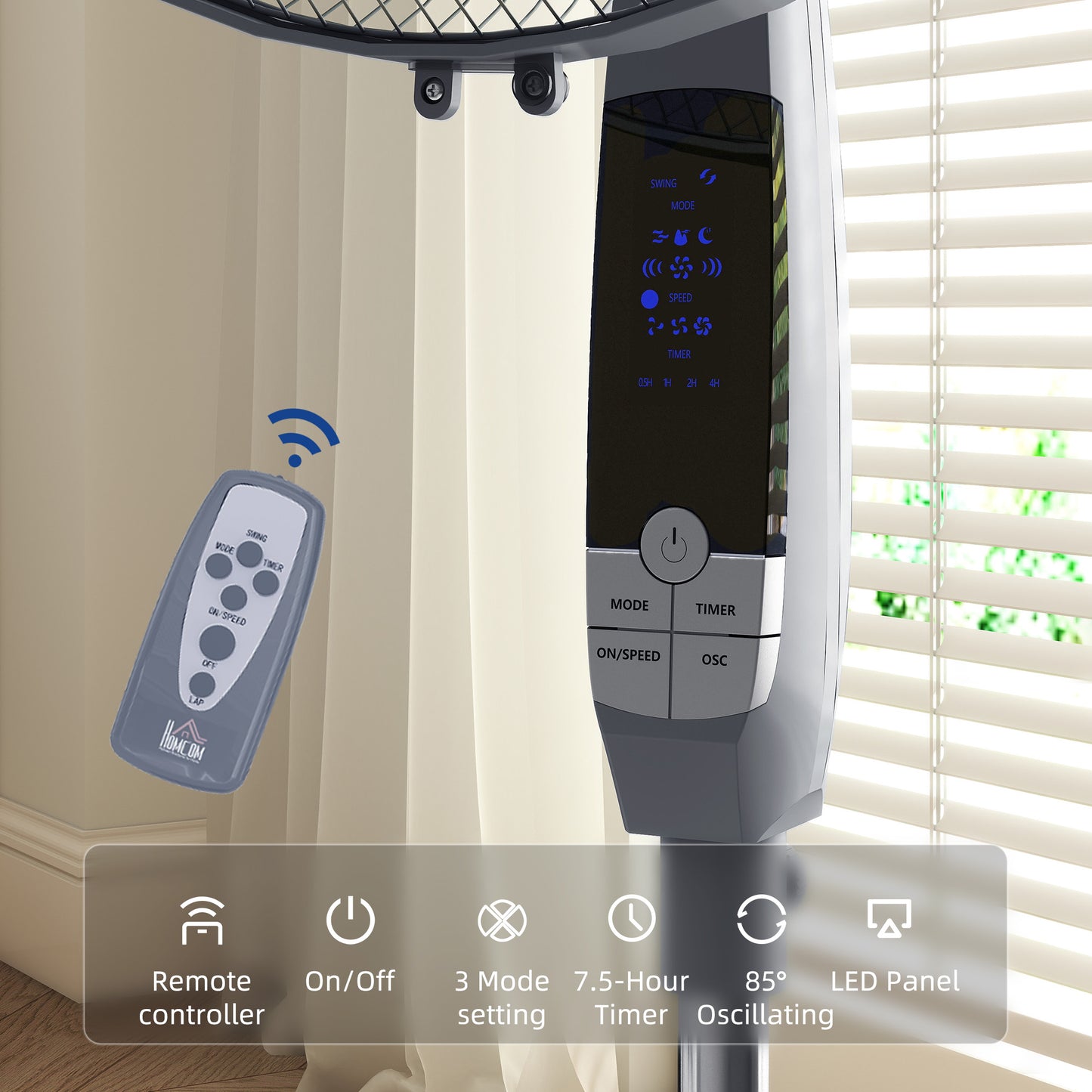 HOMCOM 16" Pedestal Standing Floor Fan, Oscillation Cooling Fan with Remote Control, Grey