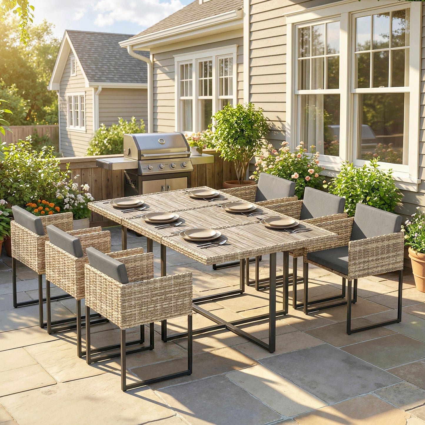 Outsunny 7 Piece Rattan Garden Furniture Set, Garden Dining Set with Wood-Plastic Table and 6 Stackable Chairs, Light Brown