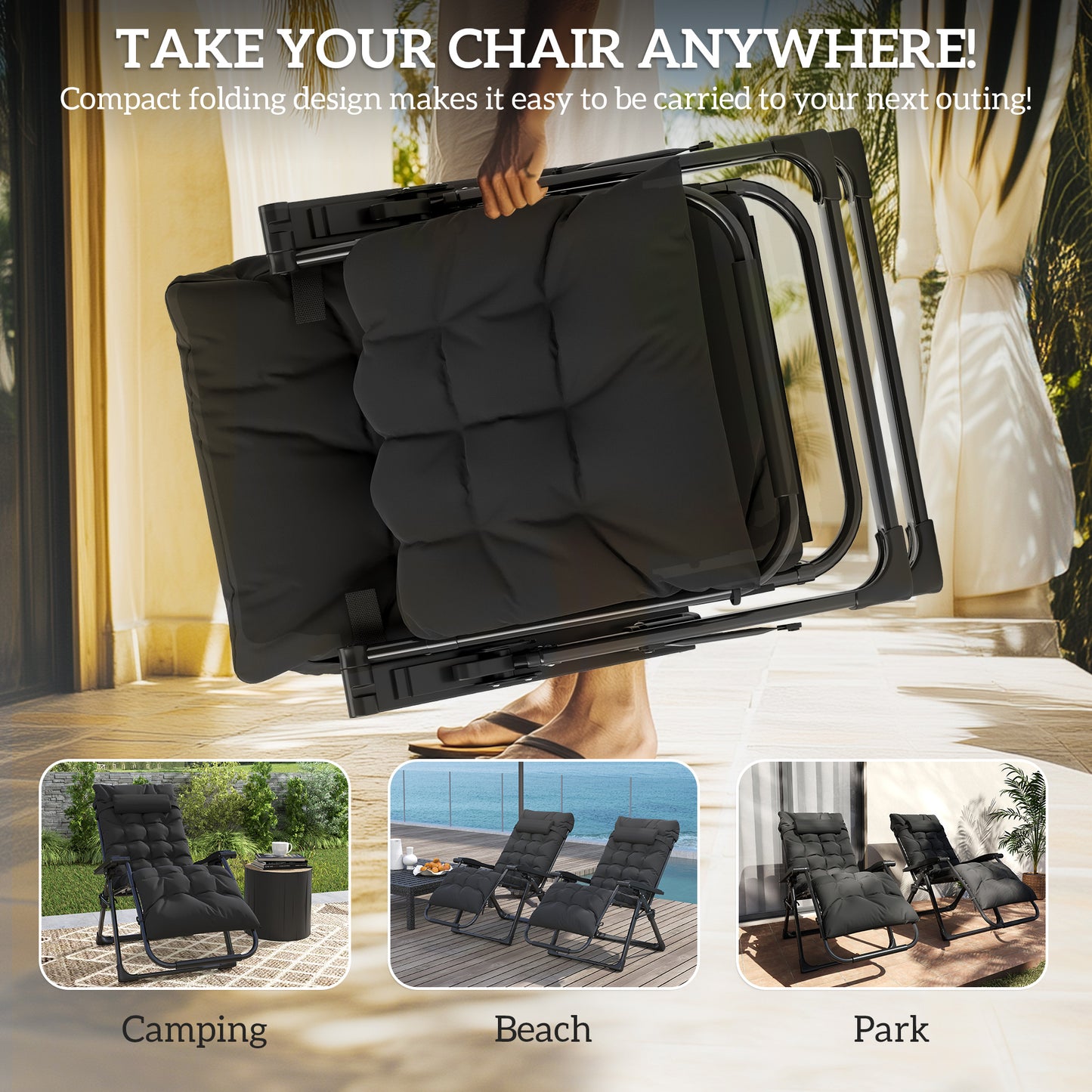 Outsunny 2 Piece Reclining Zero Gravity Sun Loungers with Cushions, Black