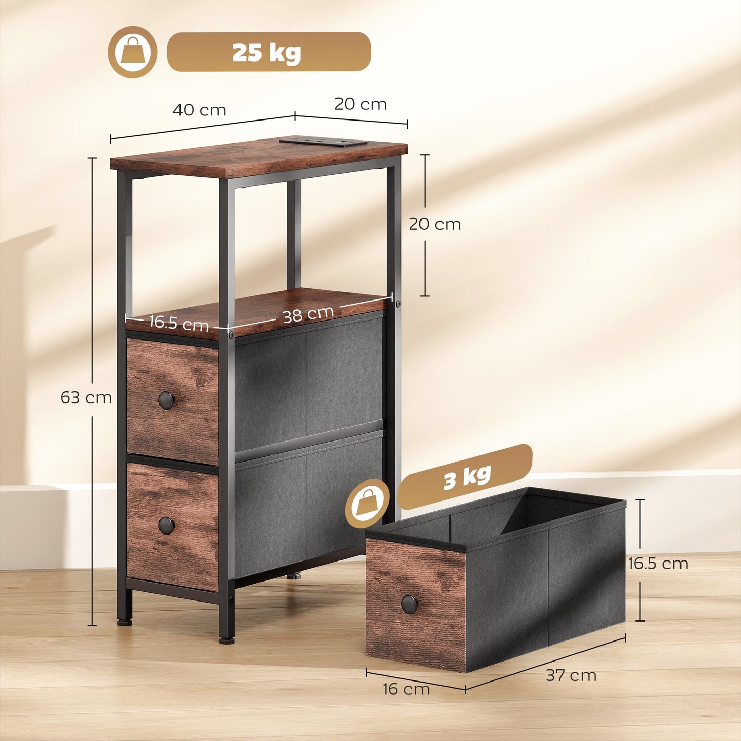 HOMCOM Side Table, Narrow Bedside Table with Charging Station, 2 Drawers, AC Outlet and 2 USB Ports for Living Room, Bedroom