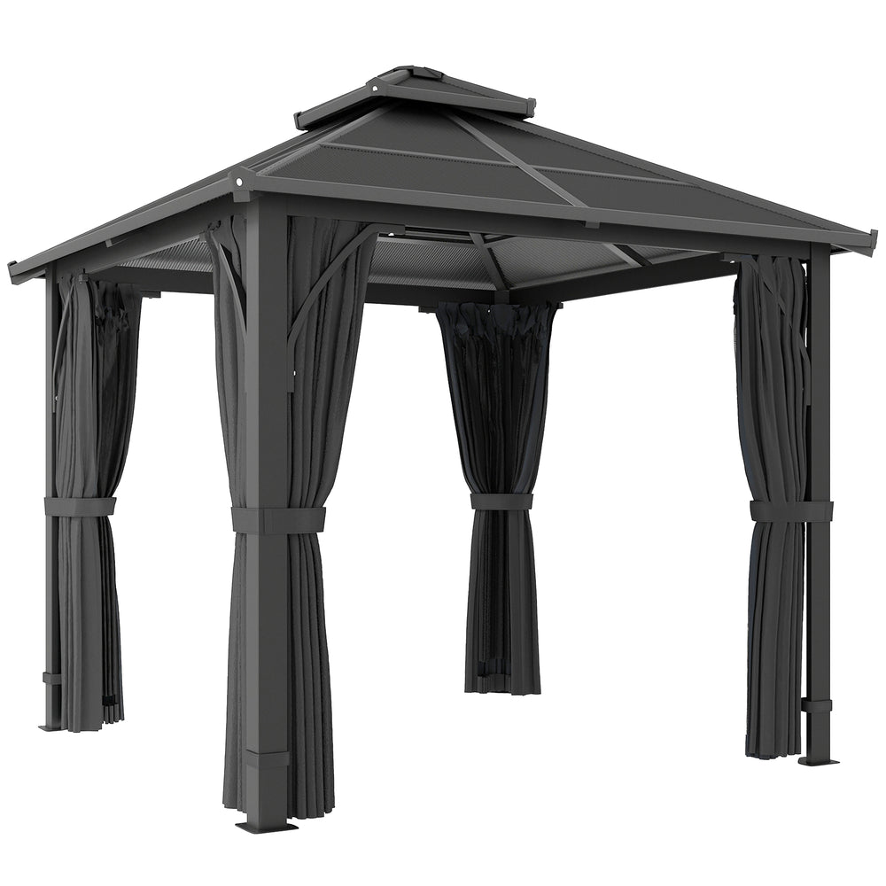 Outsunny 2.5 x 2.5 m Hardtop Gazebo Canopy with 7mm PC Roof, Garden Gazebo Permanent Pavilion with Netting, Curtains, Dark Grey