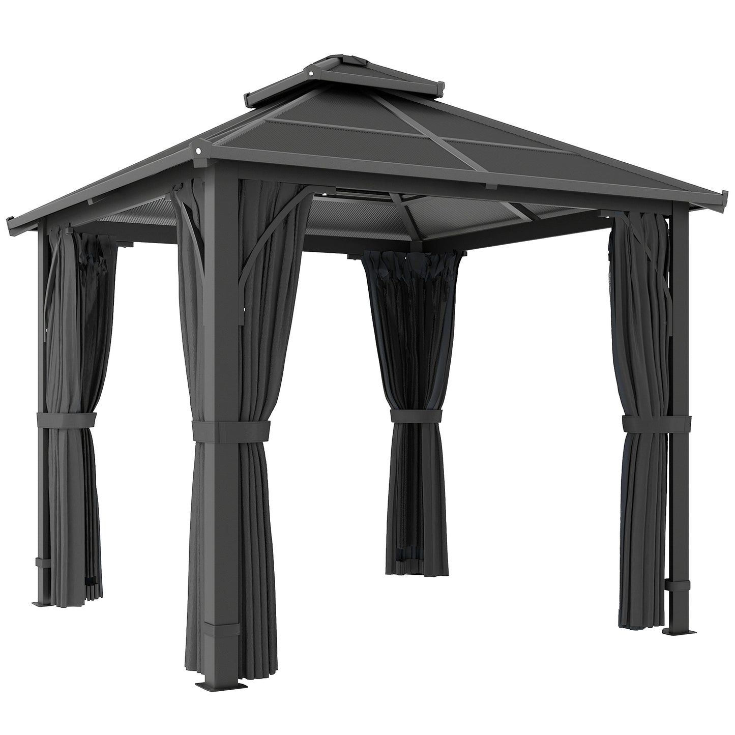 Outsunny 2.5 x 2.5 m Hardtop Gazebo Canopy with 7mm PC Roof, Garden Gazebo Permanent Pavilion with Netting, Curtains, Dark Grey
