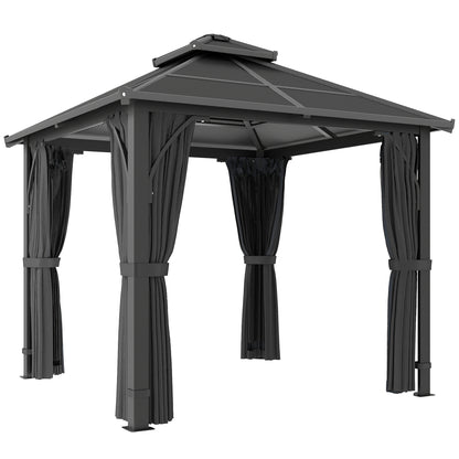 Outsunny 2.5 x 2.5 m Hardtop Gazebo Canopy with 7mm PC Roof, Garden Gazebo Permanent Pavilion with Netting, Curtains, Dark Grey