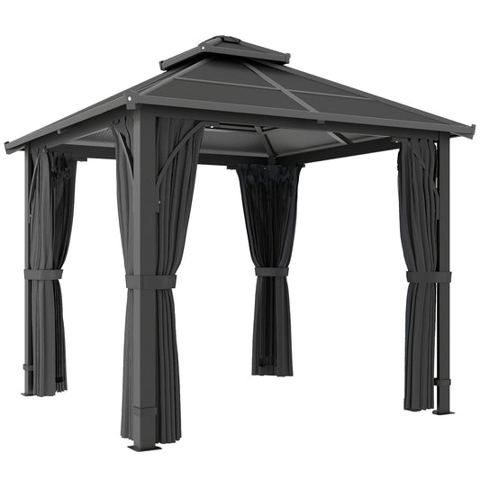 Outsunny 2.5 x 2.5 m Hardtop Gazebo Canopy with 7mm PC Roof, Garden Gazebo Permanent Pavilion with Netting, Curtains, Dark Grey