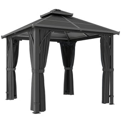 Outsunny 2.5 x 2.5 m Hardtop Gazebo Canopy with 7mm PC Roof, Garden Gazebo Permanent Pavilion with Netting, Curtains, Dark Grey