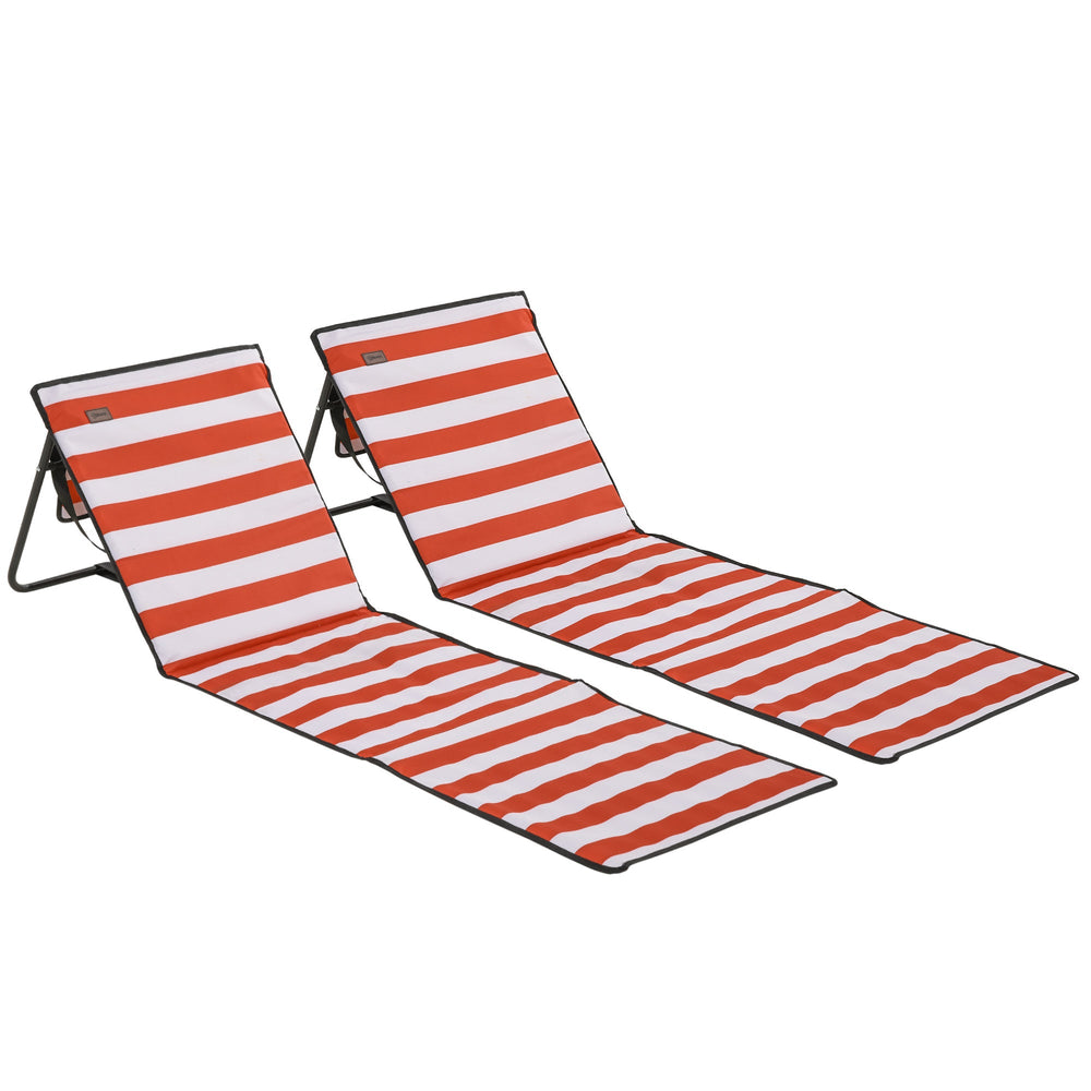 Outsunny Set of 2 Foldable Garden Beach Chair Mat, Outdoor Sun Lounger Seats with Adjustable Back, Magazine Pocket, Carry Bag