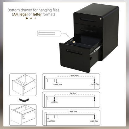 Vinsetto Fully Assembled 3-Drawer Mobile File Cabinet Lockable All-Metal Rolling Vertical File Cabinet Black