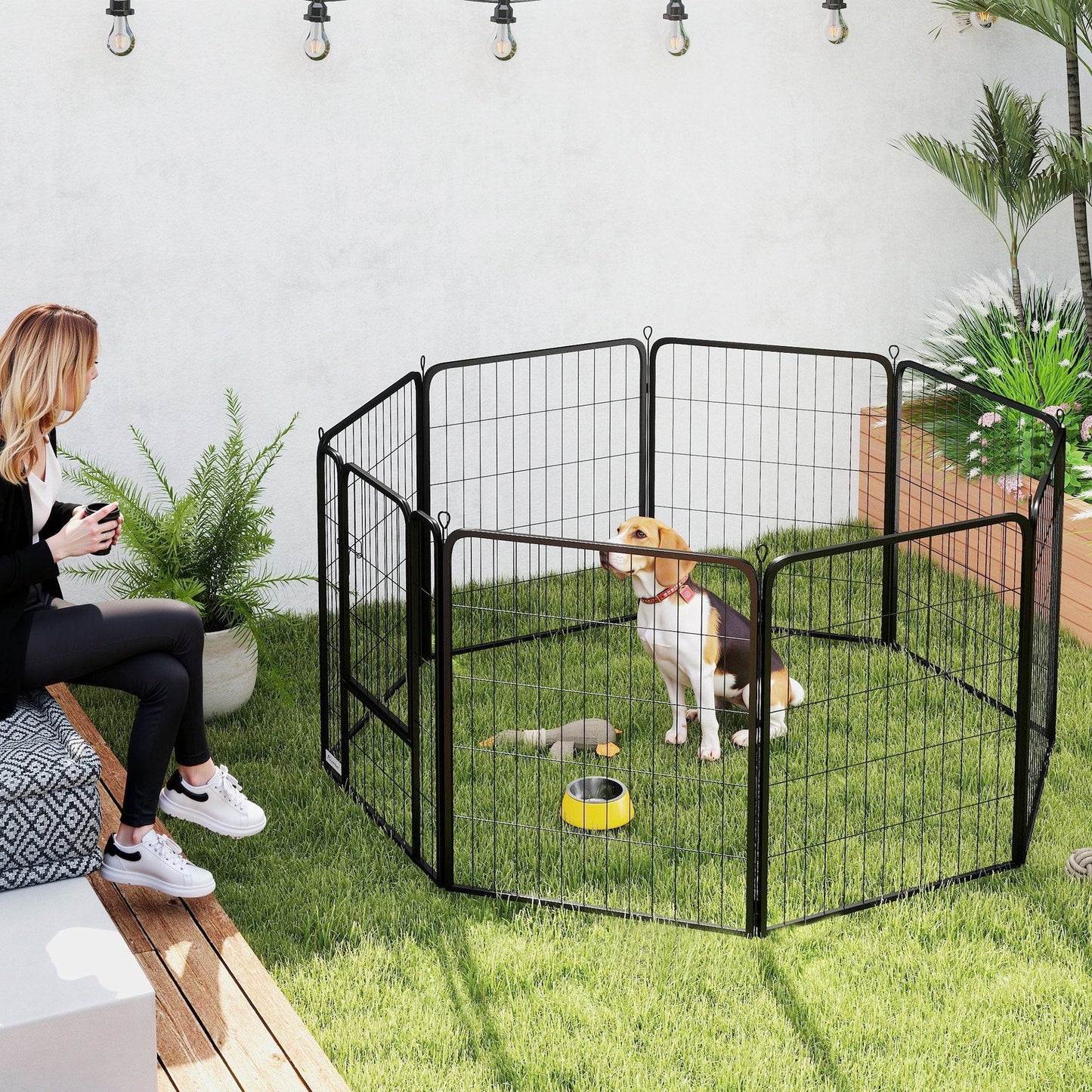PawHut Eight-Panel Dog Playpen with Door, for Large Dogs, Indoors, Outdoors, 80cm Tall, Black