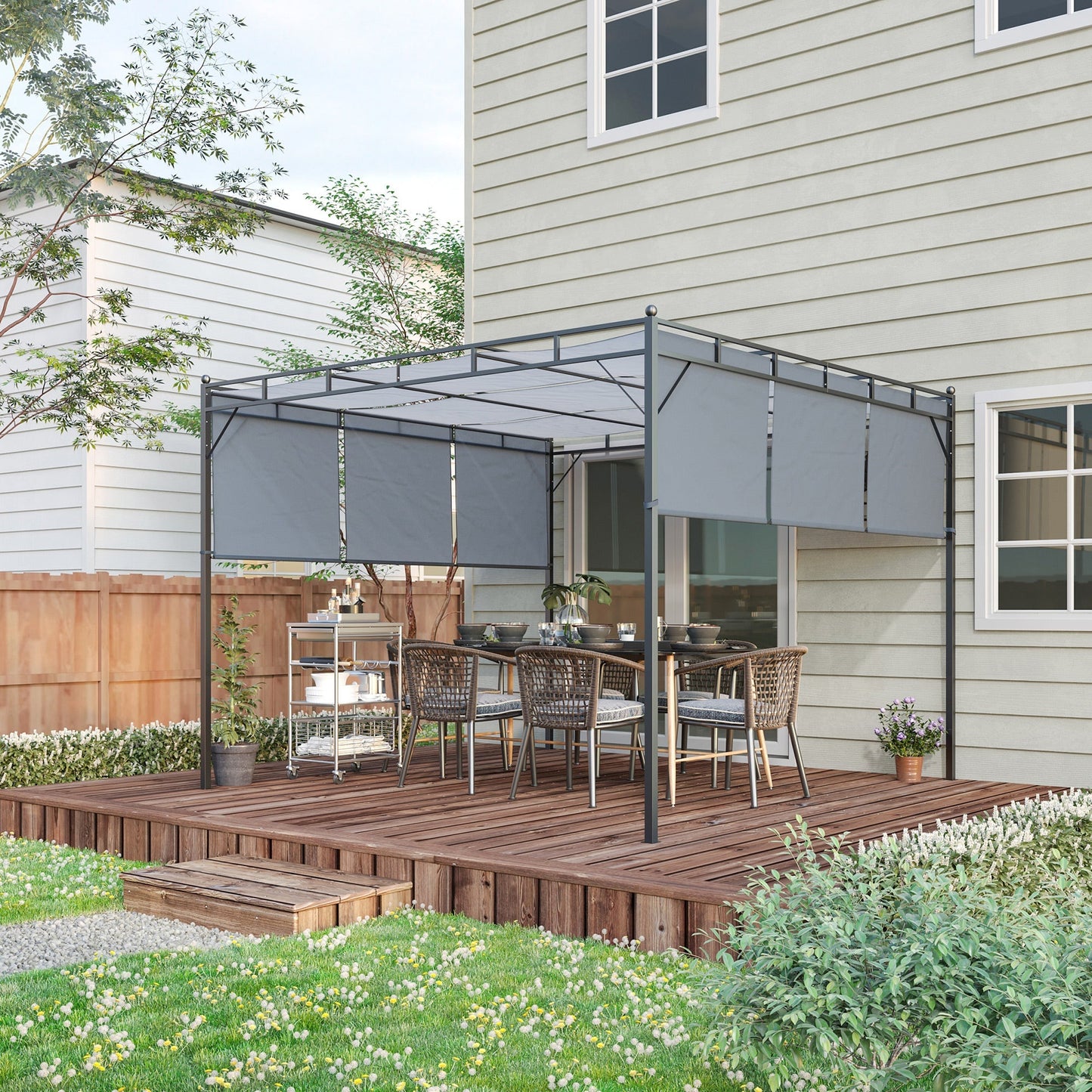 Outsunny 3 x 3(m) Steel Pergola Gazebo with Retractable Roof, Garden Gazebo Canopy Sun Shade Shelter for Outdoor, Deck, Patio, Dark Grey