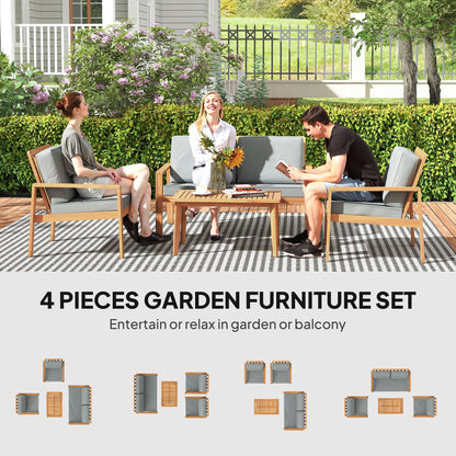 Outsunny 4-Piece Wooden Garden Furniture Set with Cushions - Teak