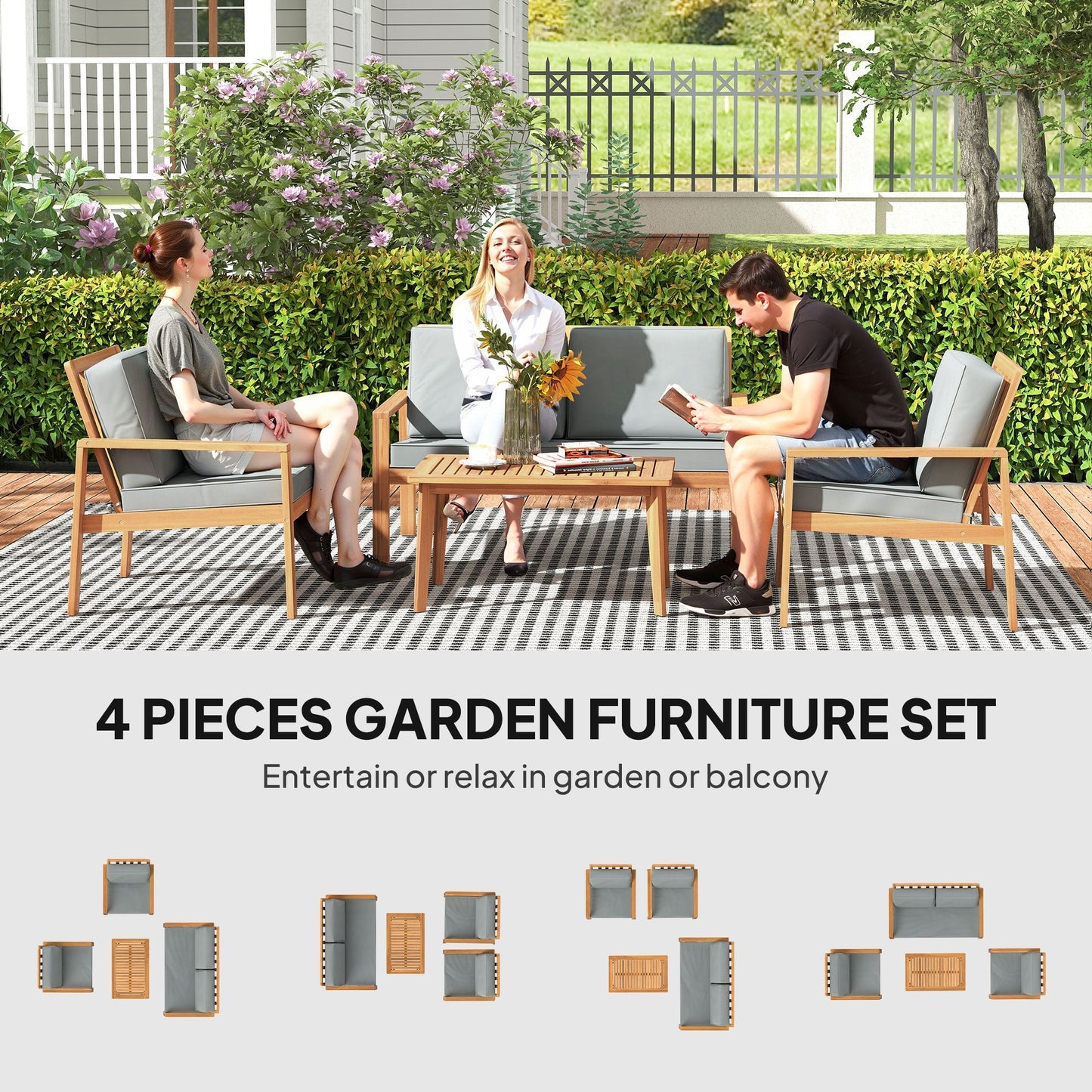 Outsunny 4-Piece Wooden Garden Furniture Set with Cushions - Teak