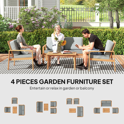 Outsunny 4-Piece Wooden Garden Furniture Set with Cushions - Teak