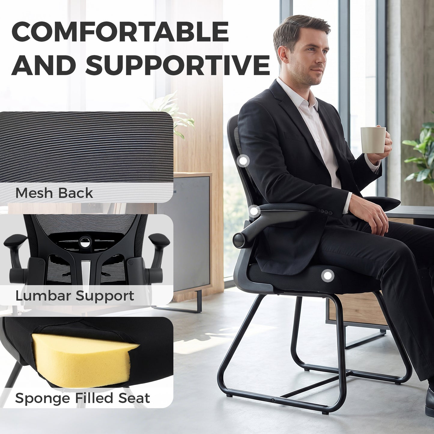 HOMCOM Reception Chair, Conference Meeting Office Chair with Flip-up Armrest, Mesh Backrest, Lumbar Support and Metal Base