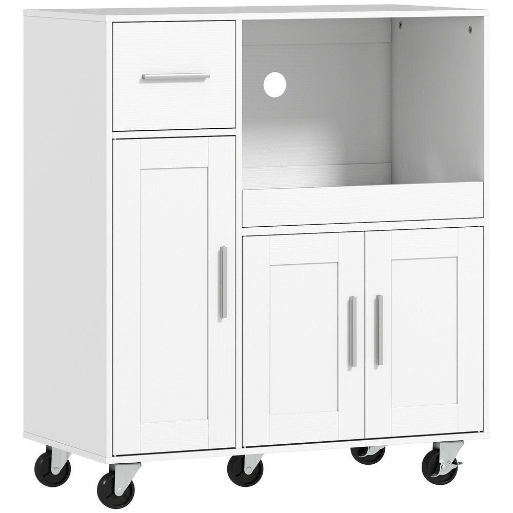 HOMCOM Rolling Kitchen Cart, Microwave Cabinet with Sliding Tray, Drawer, 3-Door Cupboards, Adjustable Shelf, White