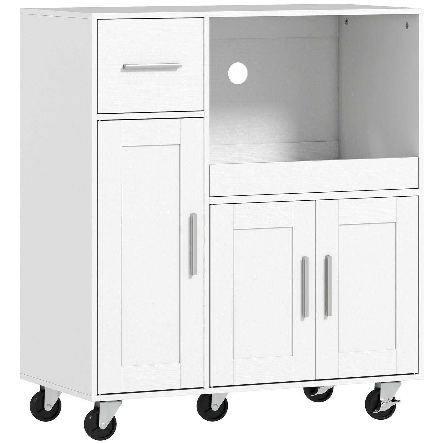 HOMCOM Rolling Kitchen Cart, Microwave Cabinet with Sliding Tray, Drawer, 3-Door Cupboards, Adjustable Shelf, White
