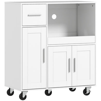 HOMCOM Rolling Kitchen Cart, Microwave Cabinet with Sliding Tray, Drawer, 3-Door Cupboards, Adjustable Shelf, White