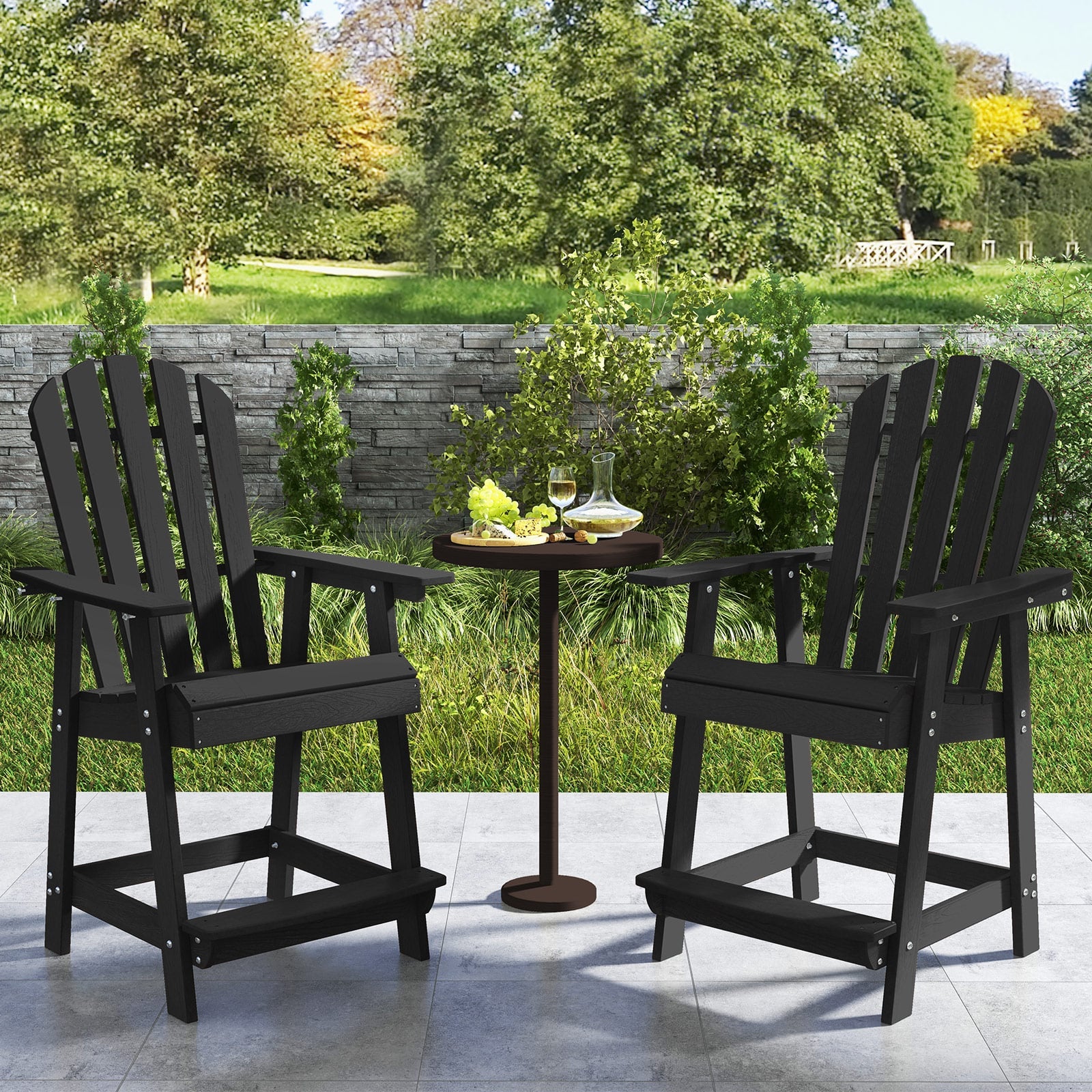 Outdoor HDPE Bar Stool with Armrest Footrest for Garden Poolside-Black