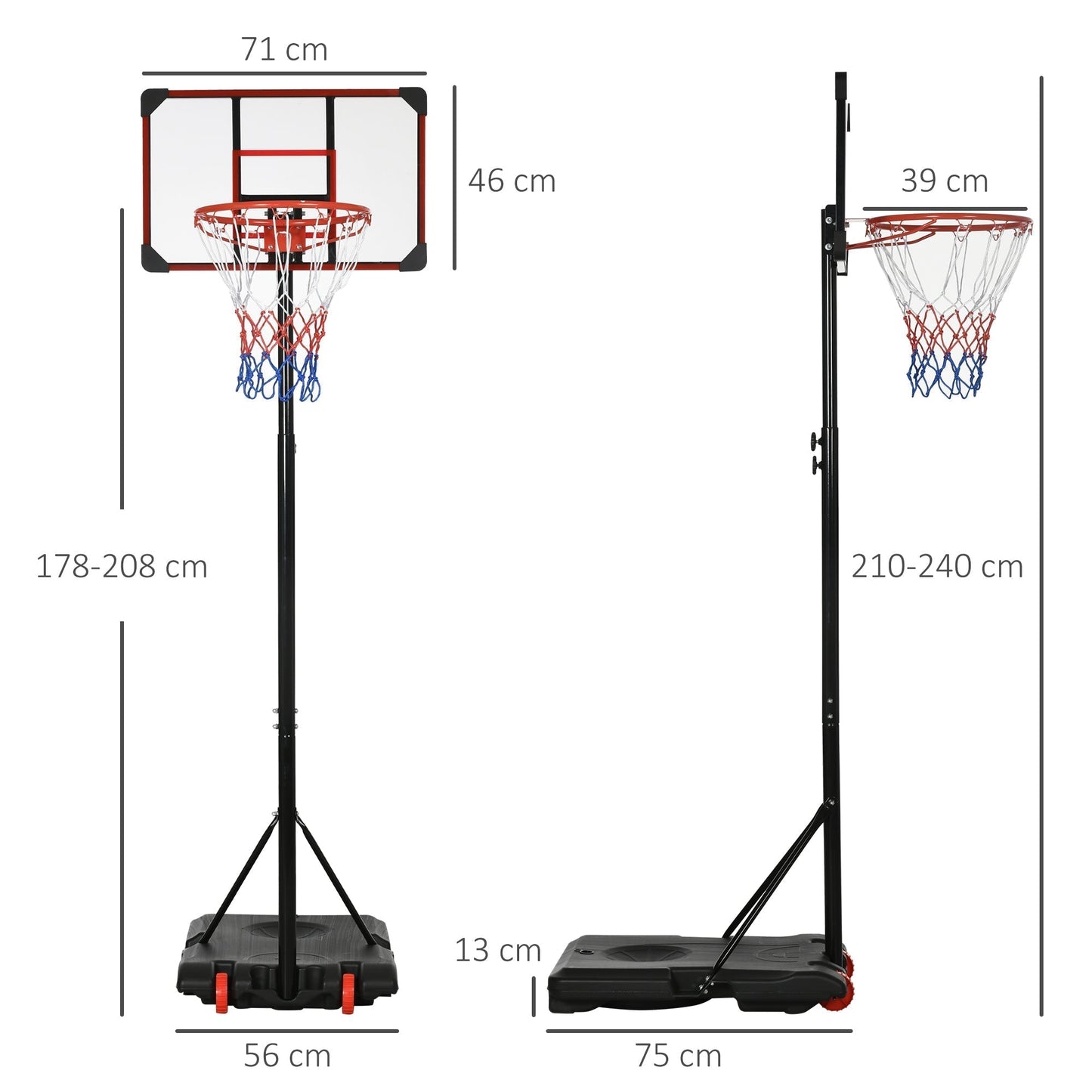 SPORTNOW Height Adjustable Basketball Hoop and Stand with Firm Backboard and Weighted Base, Portable on Wheels, Red