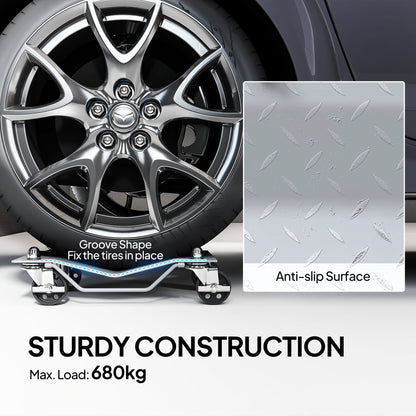 DURHAND Two-Piece Car Wheel Dolly with Swivel Casters, Non-Slip Metal Plates, 680kg Capacity, Grey